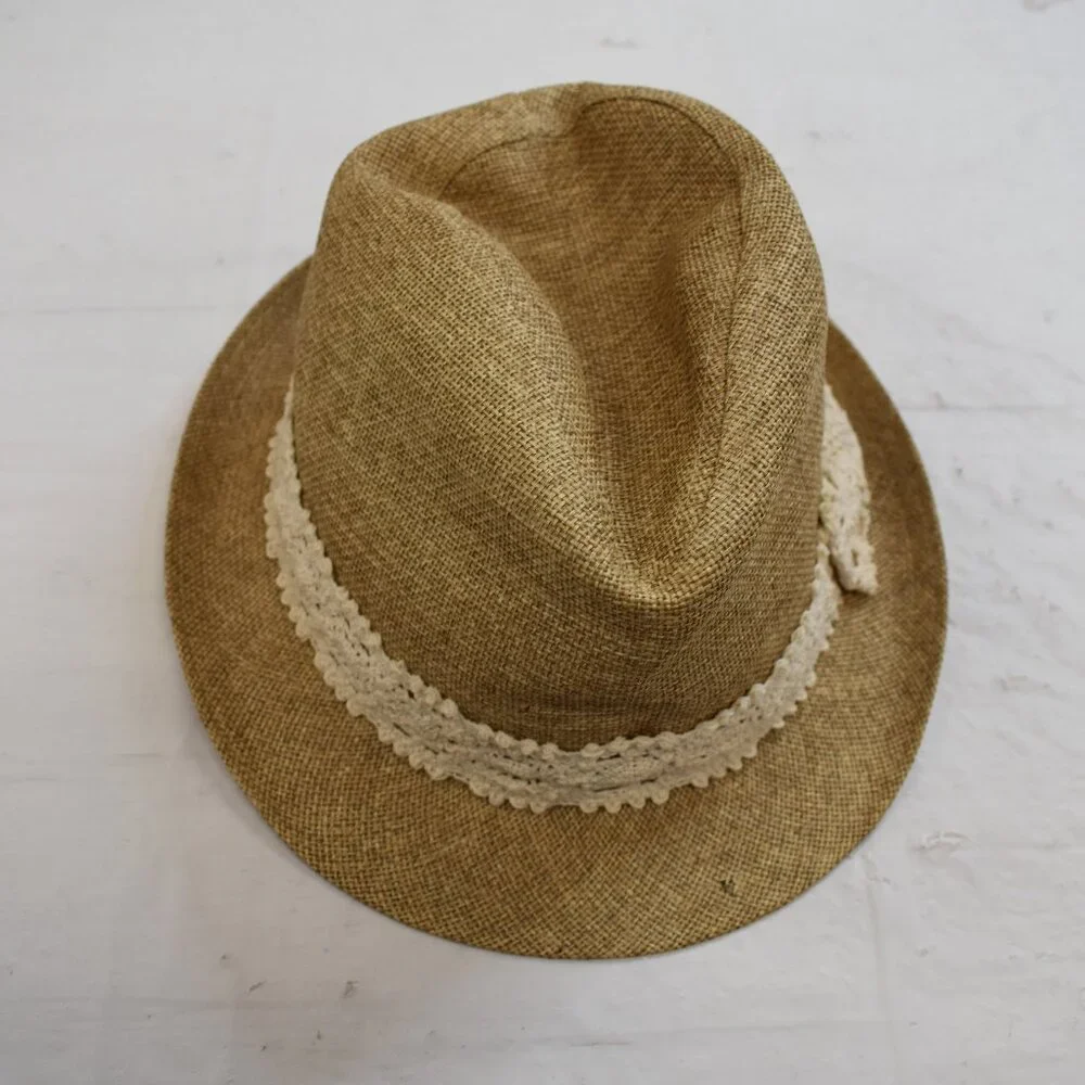 Wilsons Leather Brown Straw Fedora with Cream Lace Band